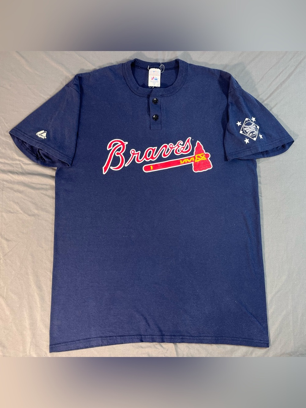 Vintage Atlanta Braves Majestic MLB Henley Shirt XL Navy Blue Dixie Youth